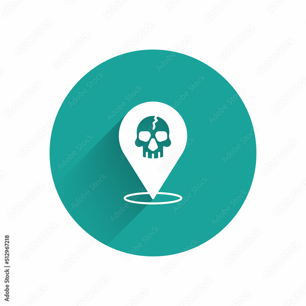 Poster white location pirate icon isolated with long shadow background. green circle button. vector