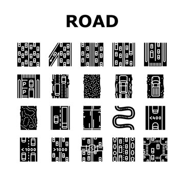 Road Urban And Country Highway Icons Set Vector. Expressway And Local Street Road Constructed From Bituminous And Cement Concrete, Avenue Murram. Low High Traffic Glyph Pictograms Black Illustrations