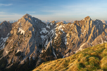 View of mountain Köllenspitze Kellerspitze and mountain Gimpel at sunrise 