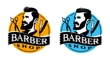 Barbershop logo. Men haircut and shave emblem, label, badge. Vector illustration