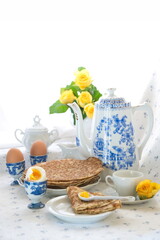 breakfast with pancakes and apple jam for pancake week, spring still life 