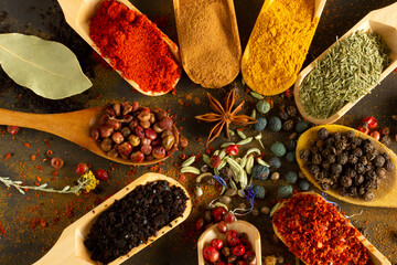Colorful background from various spices in spoon