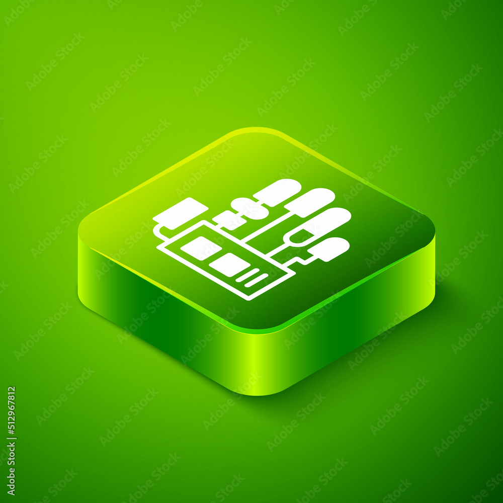 Poster isometric mechanical robot hand icon isolated on green background. robotic arm symbol. technological