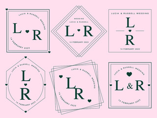 Geometric symbol set for romantic greeting card. Monogram linear flat wedding logo collection. Minimal frame design element. Square border invitation template. line icon vector illustration.