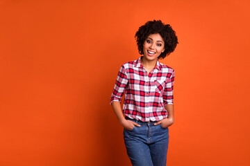 Photo of excited nice pretty lady put hands denim pockets enjoy weekend isolated bright color background