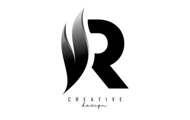 Vector illustration of abstract letter R with black leaf, eco, natural design. Letter R logo with creative cut and shape.