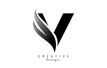 Vector illustration of abstract letter V with black leaf, eco, natural design. Letter V logo with creative cut and shape.