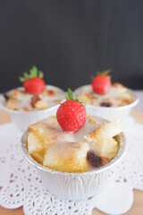 Homemade strawberry shortcake. Strawberry Shortcake Individual Serving Portion on a wooden cutting board. selective focus. close up