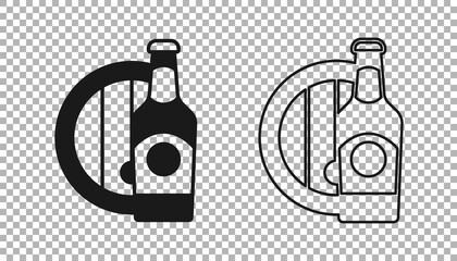 Black Beer bottle and wooden barrel icon isolated on transparent background. Vector