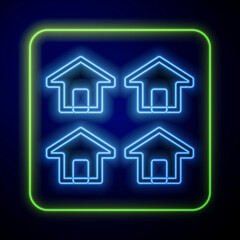 Fototapeta premium Glowing neon House icon isolated on blue background. Real estate agency or cottage town elite class. Vector