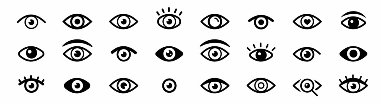 Eye icon set. Simple eye icon vector. Eye silhouette. Magnifier with eye outline icon set. Eyesight symbol. Vector illustration