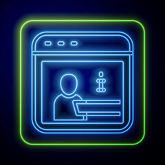 Glowing neon Information icon isolated on blue background. Vector