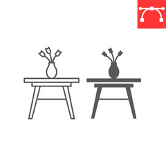 Table with vase flowers line and glyph icon, furniture and interior, coffee table and flowers vase vector graphics, editable stroke outline sign, eps 10.