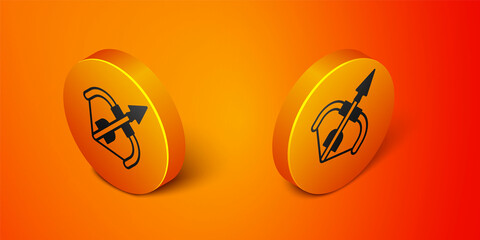 Isometric Medieval bow and arrow icon isolated on orange background. Medieval weapon. Orange circle button. Vector