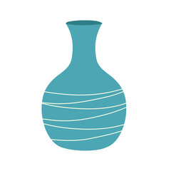 Decorative vase for home flowers with a striped pattern. Plant blue pot. Element of a room interior. Ancient style and design. Flat vector illustration isolated on white background