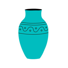 Decorative vase for home flowers with a striped pattern. Plant blue pot. Element of a room interior. Ancient style and design. Flat vector illustration isolated on white background