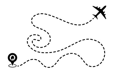 Airplane with complicated line route, pinpoint, house vector illustration. Travel, transport concept illustration to use in tourism, summer holiday, chaotic journey, holiday planning design projects.