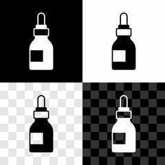 Set Beard and mustaches care oil bottle icon isolated on black and white, transparent background. Glass bottle with pipette. Vector