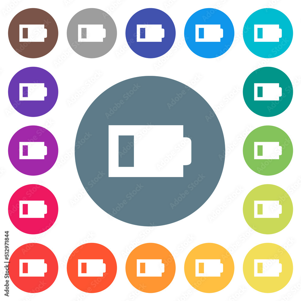 Poster low battery with one load unit flat white icons on round color backgrounds