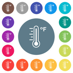 Fahrenheit thermometer warm temperature flat white icons on round color backgrounds