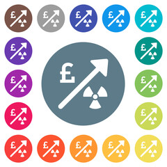 Rising nuclear energy english Pound prices flat white icons on round color backgrounds