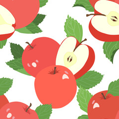 Apples with leafs on a white background. Seamless vector pattern.