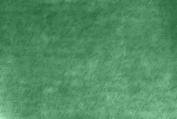 Light green antique abstract retro unreadable ink written text.Dark wall old manuscript love...