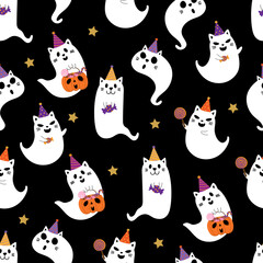 Halloween pet cartoon character seamless pattern. Cute cat and kitten ghost with candy and pumpkin wallpaper and background. - Vector