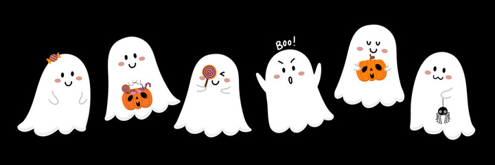 Happy halloween party greeting card with cute ghost, pumpkin and candy. Holidays cartoon character. -Vector