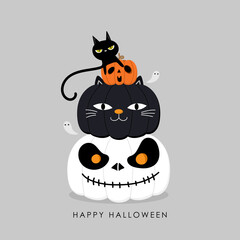 Happy halloween greeting card with pumpkin in cat costume and cute black kitten. Holidays cartoon character. -Vector