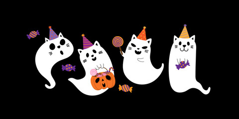 Halloween pet cartoon character. Cute cat and kitten ghost. - Vector