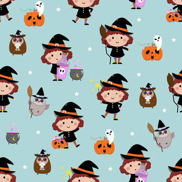 cute witch, pumpkin, ghost and owl seamless pattern. Halloween cartoon character background.