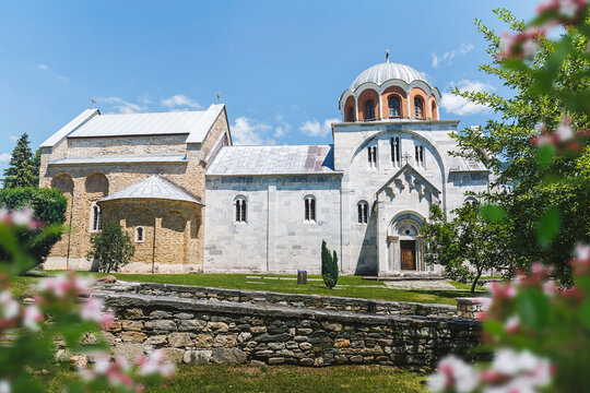 Studenica monastery, 12th-century.  Serbian orthodox monastery Raska district, Serbia. Exterior view of the monastery