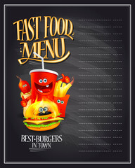 Fast food chalkboard menu vector template with hot dog, burger, french fries and drink as a cartoon personages