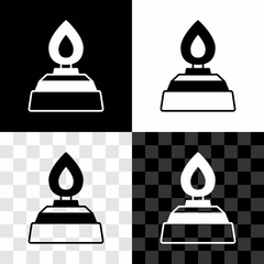 Set Alcohol or spirit burner icon isolated on black and white, transparent background. Chemical equipment. Vector