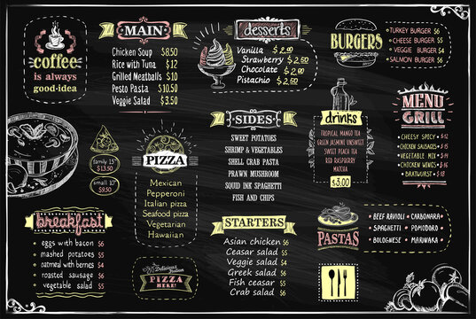 Chalk menu list vector design mockup for cafe or restaurant