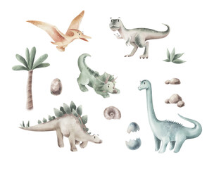 Watercolor set of dinosaurs isolated on a transparent background. © Aleksandra Baianova