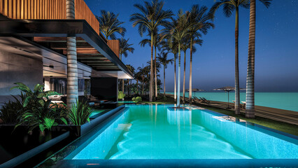 3d rendering of modern cozy house with parking and pool for sale or rent with wood plank facade by the sea or ocean. Starlight night by the azure coast with palm trees and flowers in tropical island
