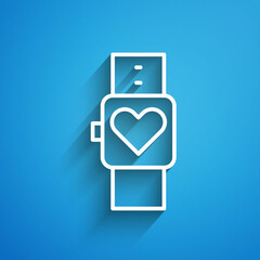 White line Smart watch showing heart beat rate icon isolated on blue background. Fitness App concept. Long shadow. Vector