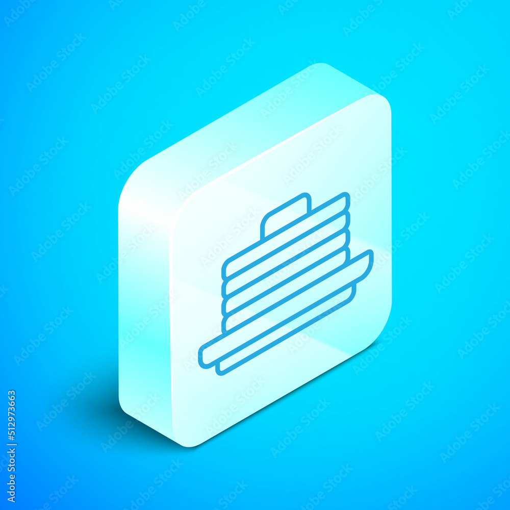 Poster isometric line stack of pancakes icon isolated on blue background. baking with syrup and cherry. bre