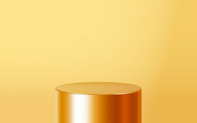 Realistic golden blank product podium scene isolated on gold background. Geometric metallic round shape for product branding. Gold cylinder mock up scene.  3d vector illustration background