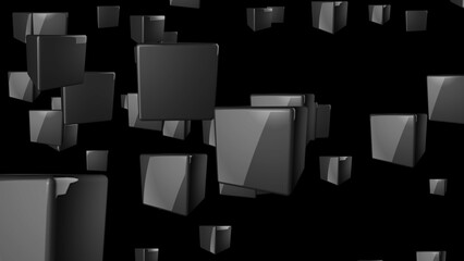 Abstract beautiful squares with a gray tint randomly move in space. 3D. 4K. Isolated black background.