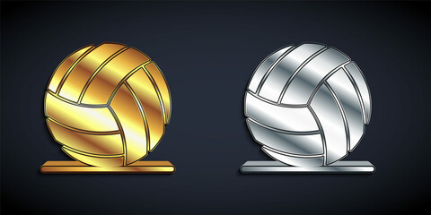 Gold and silver Volleyball ball icon isolated on black background. Sport equipment. Long shadow style. Vector