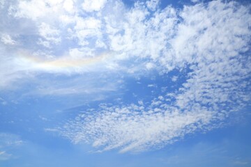 Beautiful part of sun halo with blue sky and white cloud in summer time, soft focus. Nature background concept.