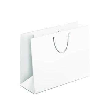 3D white shopping bag mock up. Blank packaging template design. horizontal paper package with copy space. 3d isolated on background. realistic vector illustration.