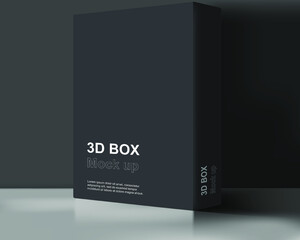 3d box mock up with black cover. Blank packaging template design. Vertical paper carton with copy space. 3d isolated vector illustration.