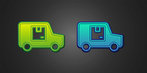 Green and blue Delivery cargo truck vehicle icon isolated on black background. Vector