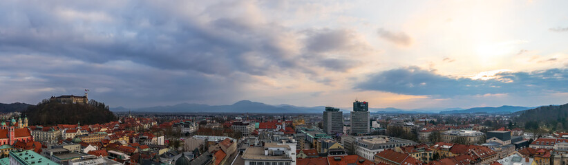 Panoramic wide angle aerial view over the the city of Ljubljana during sunset