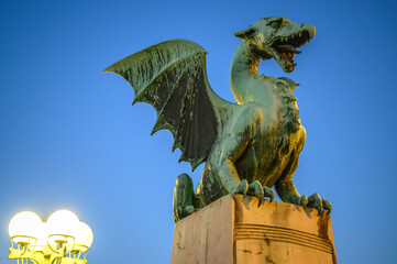 Dragon bridge and the Dragon statue in Ljubljana
