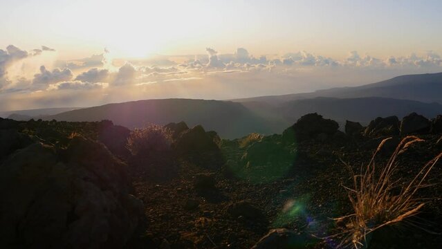 Panorama of Reunion Island moutains during sunrise seen from the Piton Maido. High quality 4k footage